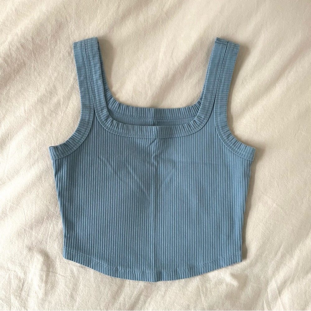 madewell blue square neck ribbed cropped tank